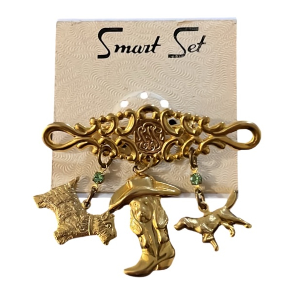 Vintage Gold Western Dog Charm Filagree Bar Brooch